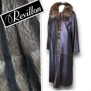 Revillon Saks 5th Avenue Brown Leather Lined By Racoon Fur Full Length Coat M-L